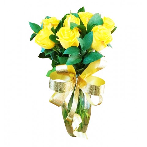 Arranjo com 12 Rosas Amarelas no Vaso de Vidro