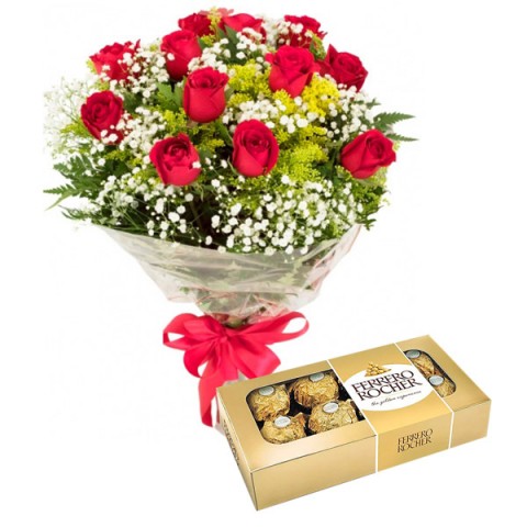 Bouquet tradicional com 12 Rosas  Vermelhas + Ferrero Rocher