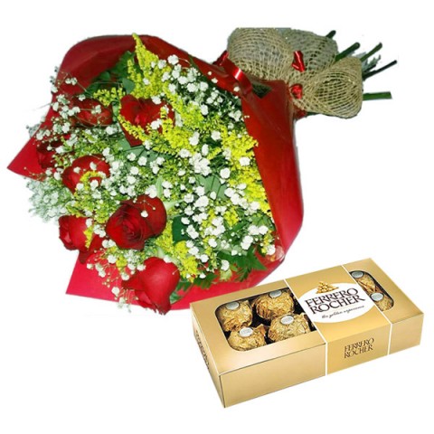 Bouquet com 06 Rosas Vermelhas + Ferrero Rocher