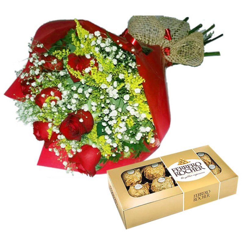 Bouquet com 06 Rosas Vermelhas  + Ferrero Rocher