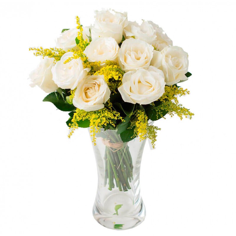 Arranjo com 12 Rosas Brancas no Vaso de Vidro