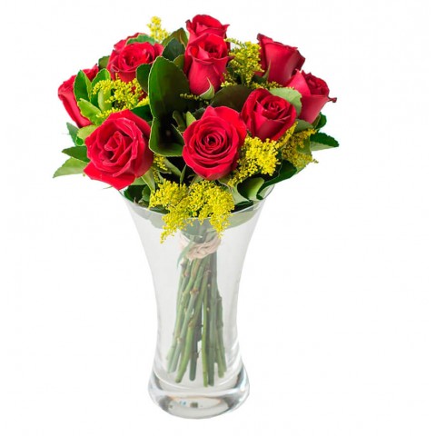 Arranjo com 12 Rosas no Vaso de Vidro 
